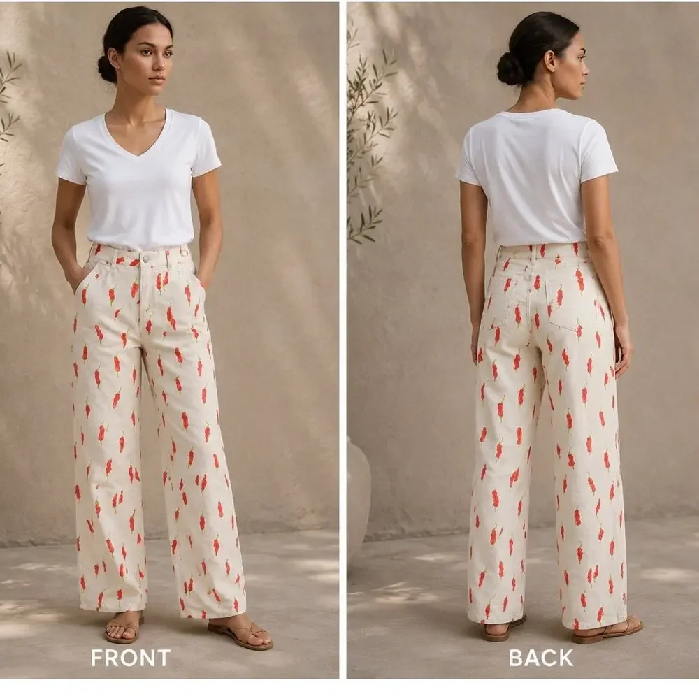 Bailey Rose Chili Pepper Print Novelty Wide Leg Pants NWOT X-Small Soft Denim - Picture 3 of 6